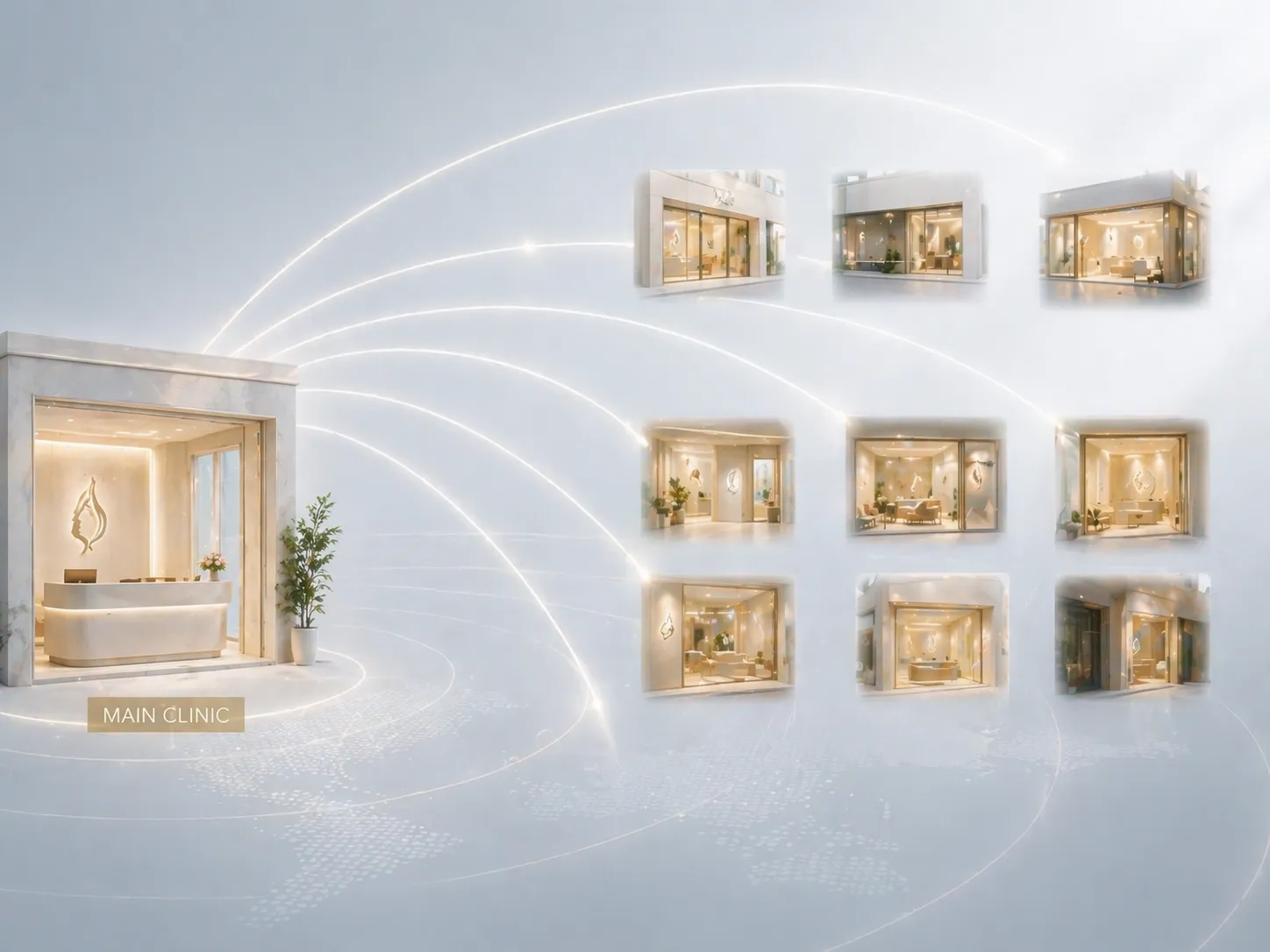 高級クリニックの複数店舗ネットワークを示す3D図。メインクリニック入口が左側に、9つの支店が右側に配置され、白い曲線で接続されている。モダンな建築デザインと暖色系の照明が特徴