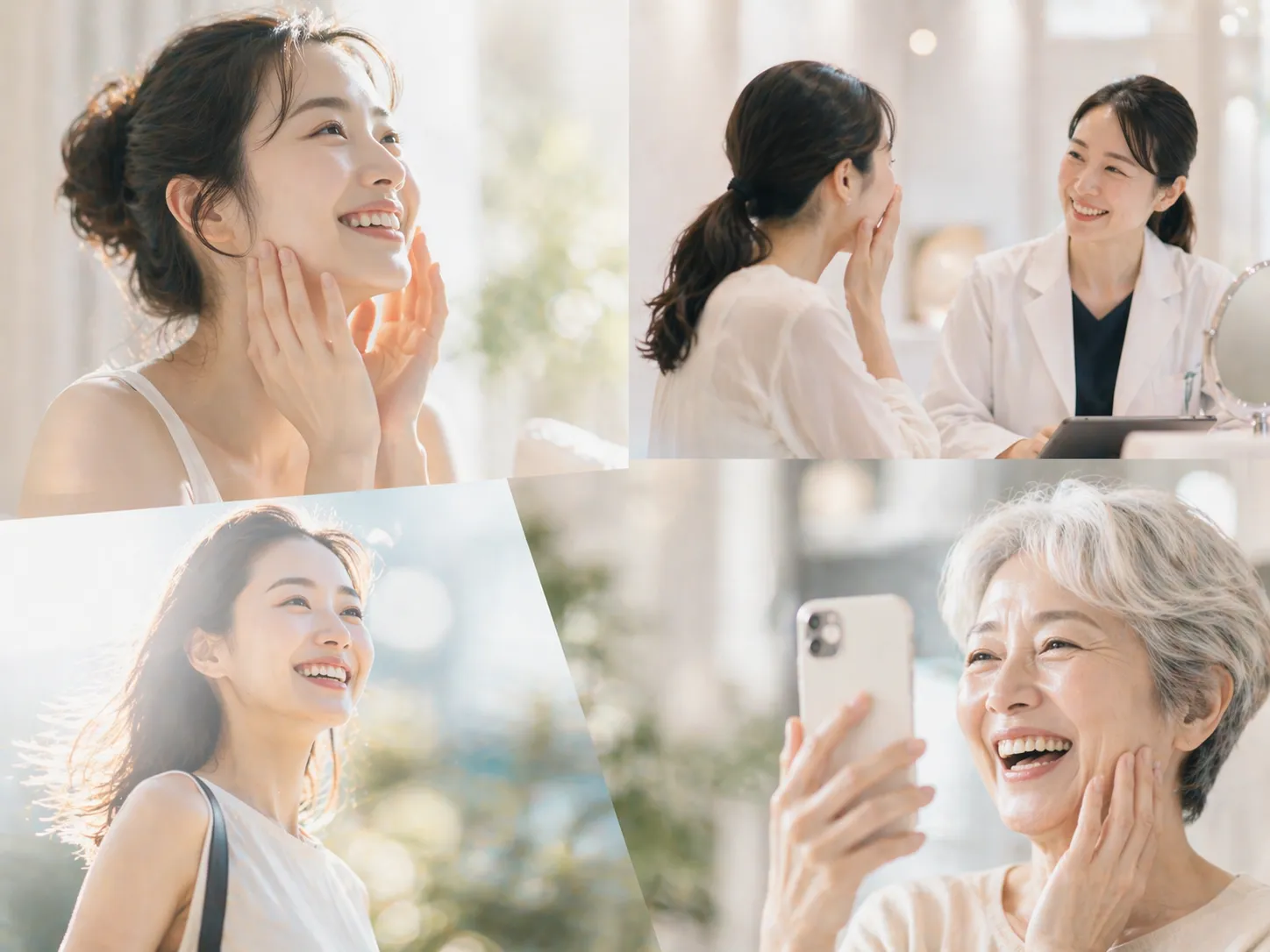 スキンケア製品について笑顔で相談する女性と、スマートフォンで自撮りする高齢女性のコラージュ